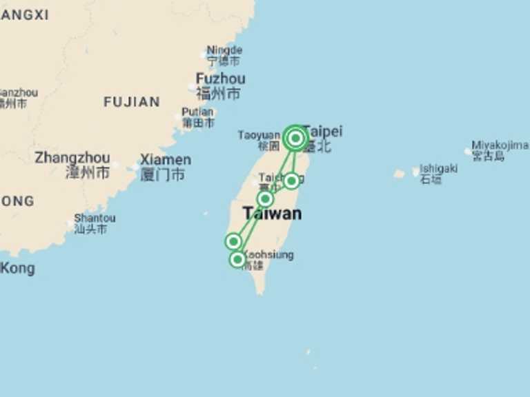 Map itinerary of Asia Tour in May 2026 with 5 destination visits for the trip: Best Of Taiwan