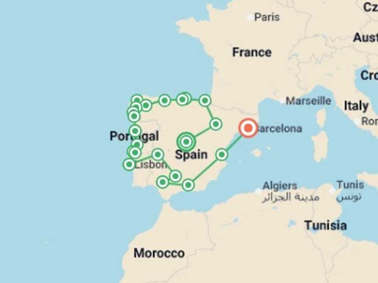 Map of Europe Tour with 15 destination visits for the trip: Madrid & Iberian Tour, 22 Days