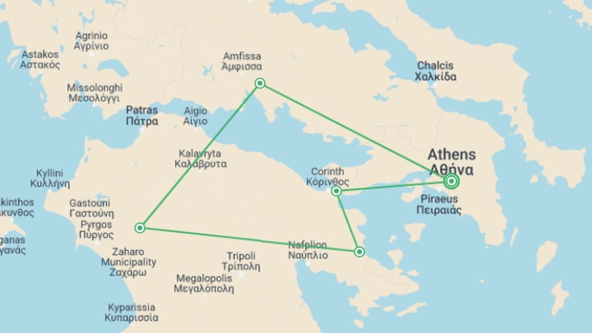 A map showing the tour itinerary for the trip: Treasures Of Classical Greece: Nafplion, Olympia, Delphi, starting in Athens, Greece and ending in Athens, Greece going through 2 other destinations.