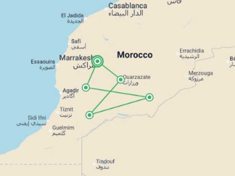 Map itinerary of Mediterranean Tour in Winter with 5 destination visits for the trip: Sahara And High Atlas, Private Tour