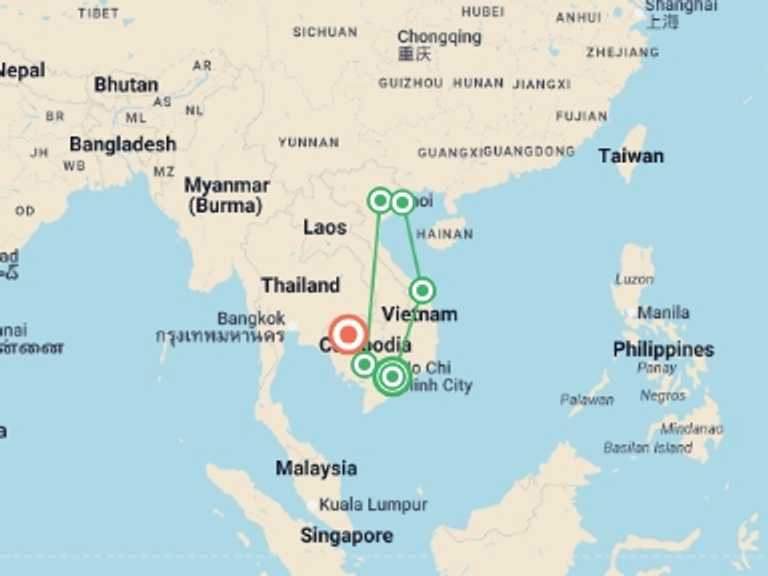 Map itinerary of South East Asia Tour in August 2026 with 6 destination visits for the trip: Treasures of Vietnam & Cambodia - 14 days