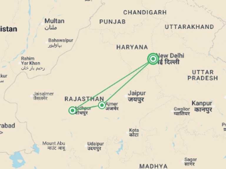 Map of New Delhi Explorer Tour with 3 destination visits for the trip: Jodhpur & Pushkar - 6 days