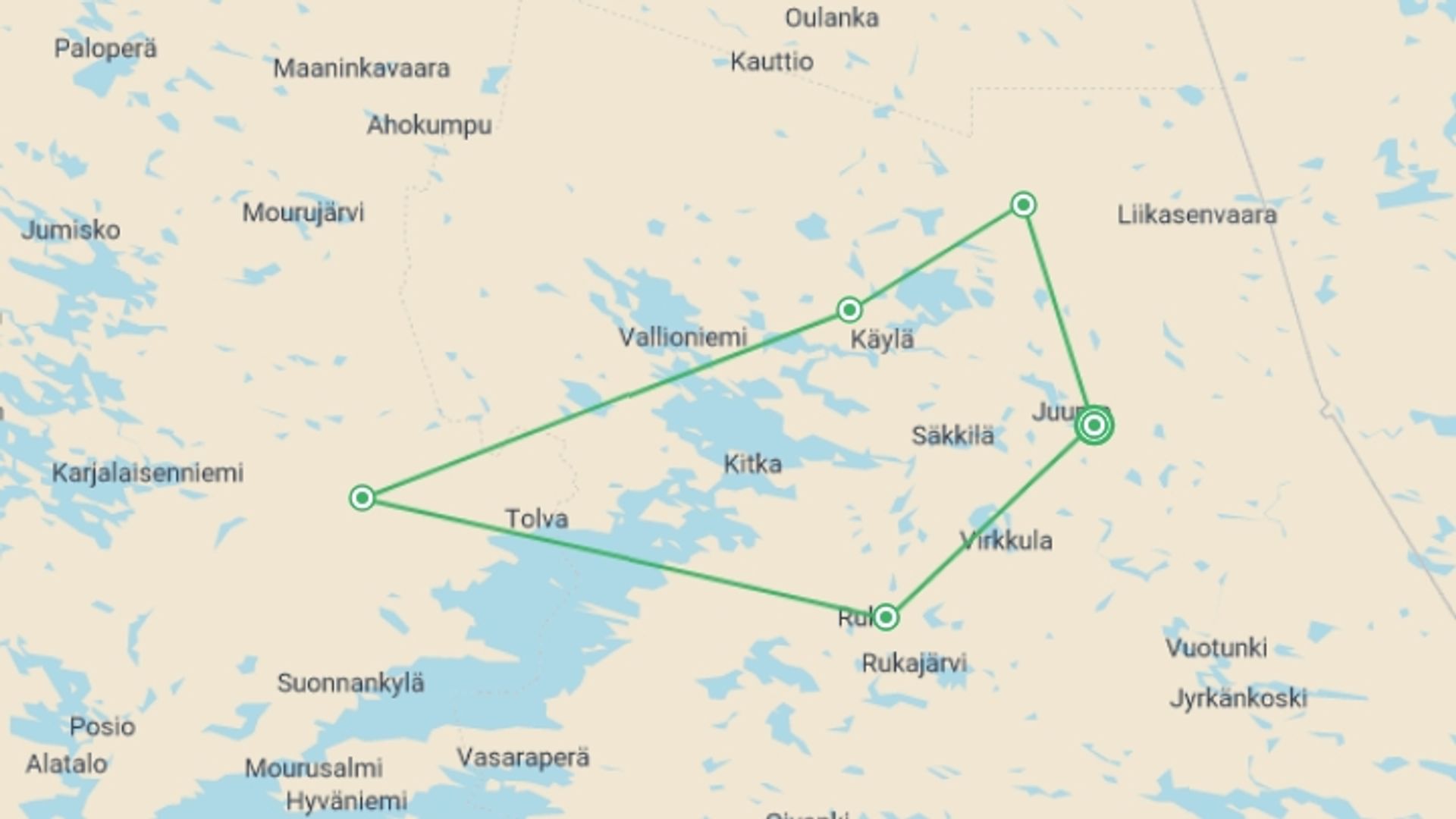 A map showing the tour itinerary for the trip: Finnish Wilderness Week, starting in Basecamp Oulanka, Finland and ending in Basecamp Oulanka, Finland going through 5 other destinations.