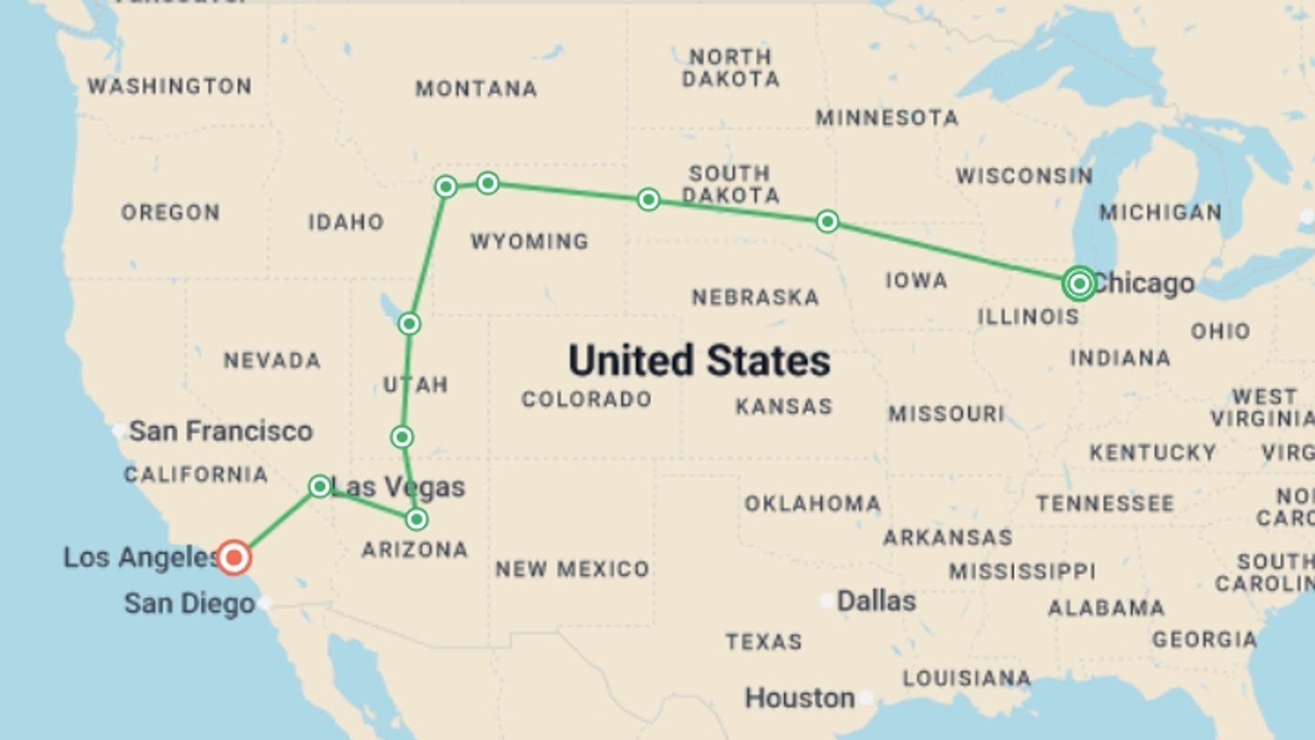 A map showing the tour itinerary for the trip: Chicago to LA, starting in Chicago, USA and ending in Los Angeles, USA going through 8 other destinations.