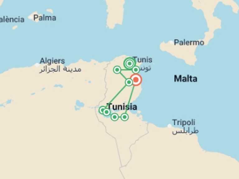 Map itinerary of Africa Tour in June 2026 with 6 destination visits for the trip: Tunisia Tour, Small Group Tour
