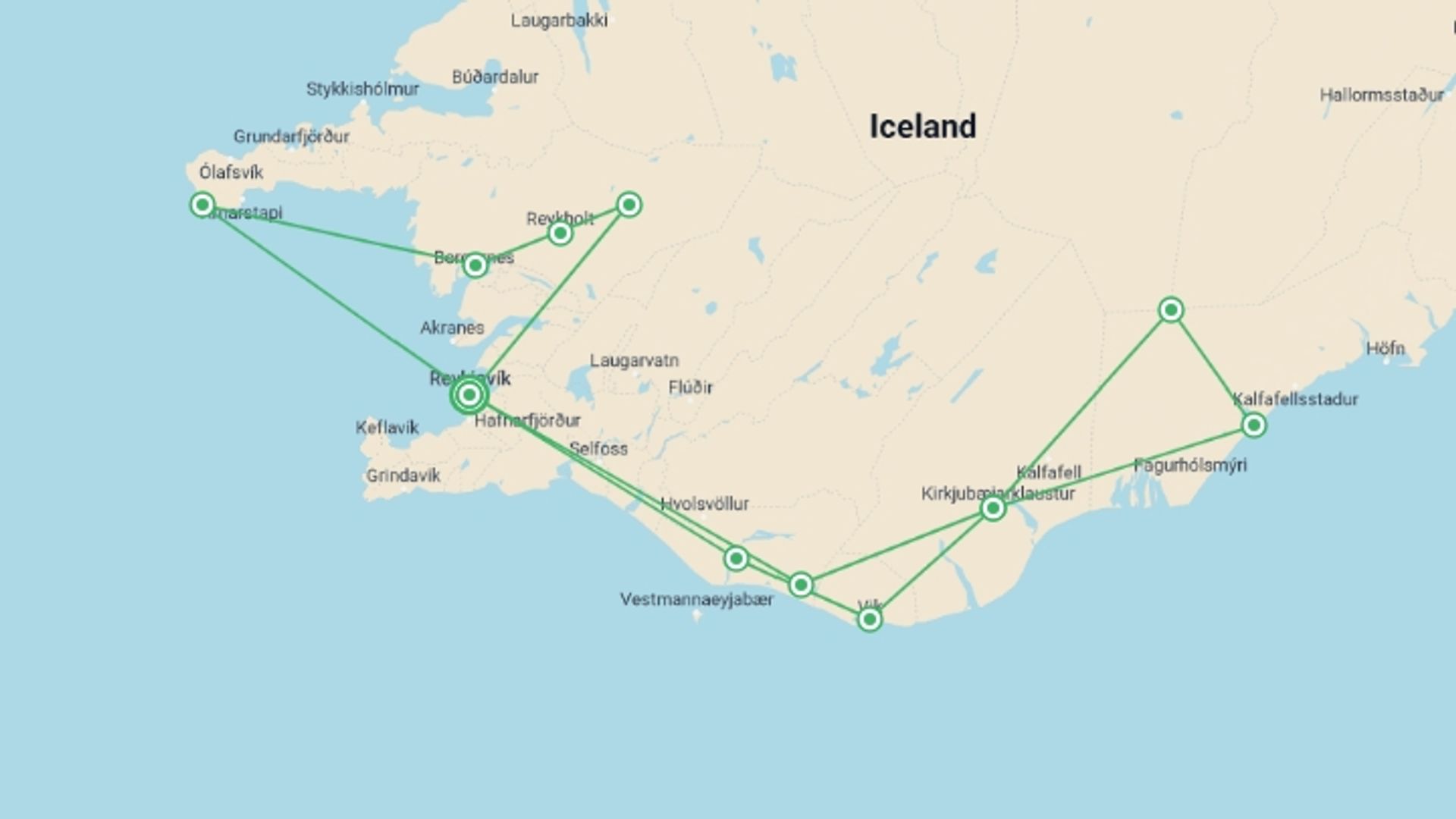 A map showing the tour itinerary for the trip: Northern lights and Golden Circle of Iceland, starting in Reykjavik, Iceland and ending in Reykjavik, Iceland going through 2 other destinations.