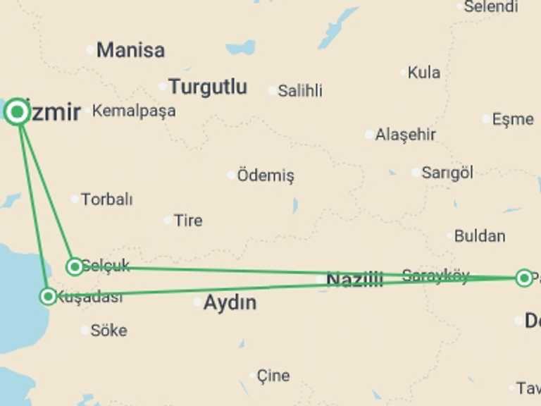 Map itinerary of Turkey Tour in March 2027 with 4 destination visits for the trip: Kusadasi Essentials – 4 Days With Ephesus & Pamukkale Tours