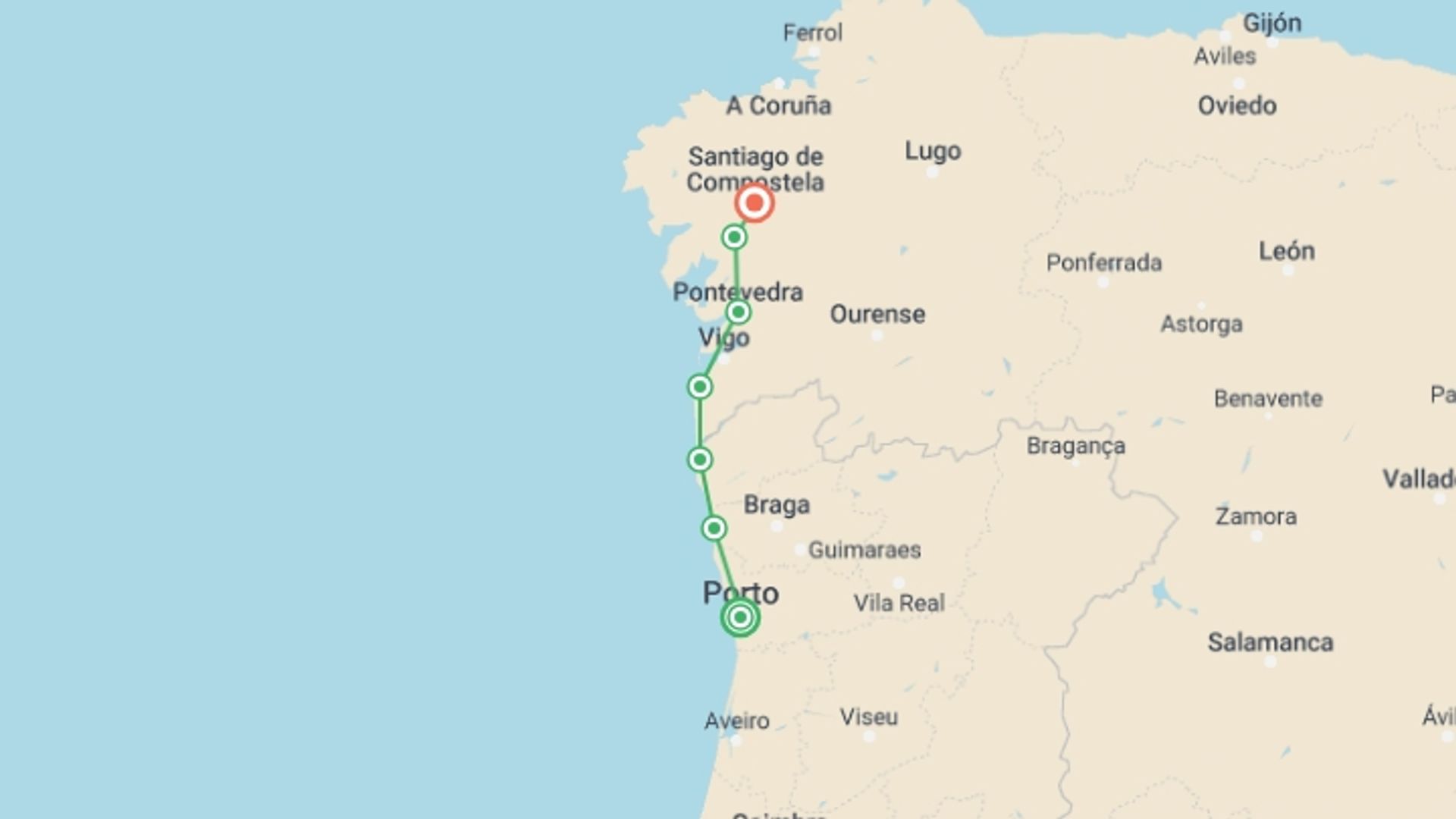 A map showing the tour itinerary for the trip: Portuguese Coastal Camino Cycle - Porto to Santiago, starting in Porto, Portugal and ending in Santiago De Compostela, Spain going through 5 other destinations.