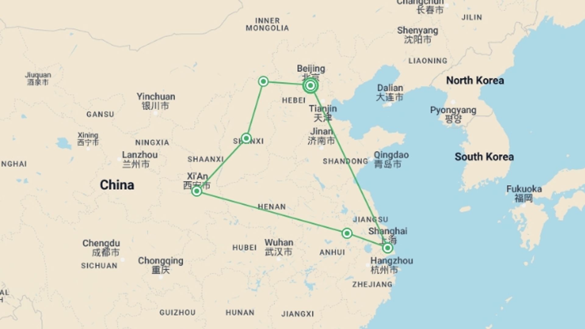 A map showing the tour itinerary for the trip: Chinese Ancient Heartland, Private Tour, starting in Beijing, China and ending in Beijing, China going through 5 other destinations.