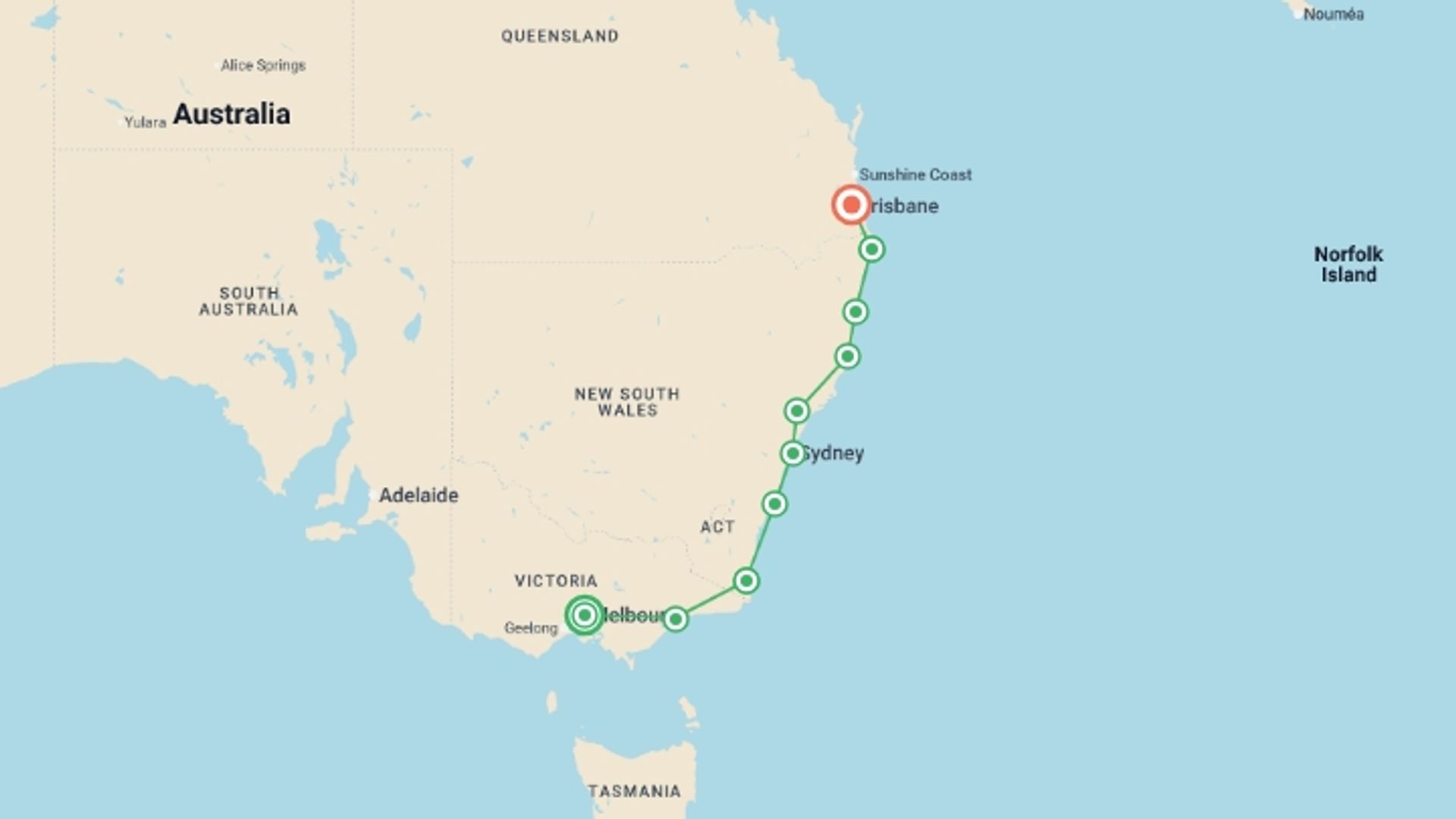A map showing the tour itinerary for the trip: Melbourne to Brisbane Adventure, starting in Melbourne, Australia and ending in Brisbane, Australia going through 8 other destinations.