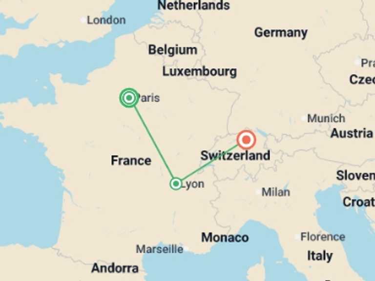 Map itinerary of Europe Tour in June 2026 with 3 destination visits for the trip: French and Swiss Spirit GO