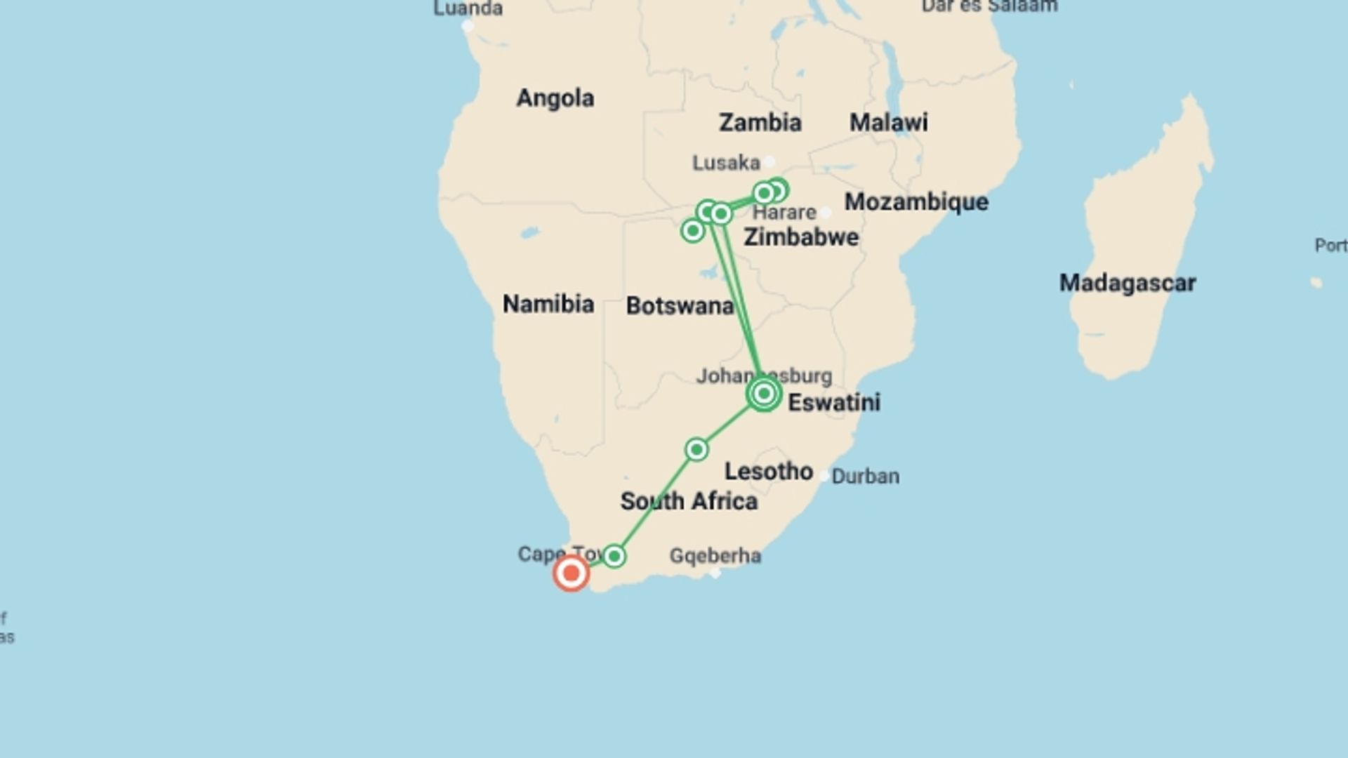 A map showing the tour itinerary for the trip: Flame of Southern Africa: A Luxury Cruise, Rail, and Tour Journey of a Lifetime, starting in Johannesburg, South Africa and ending in Cape Town, South Africa going through 8 other destinations.