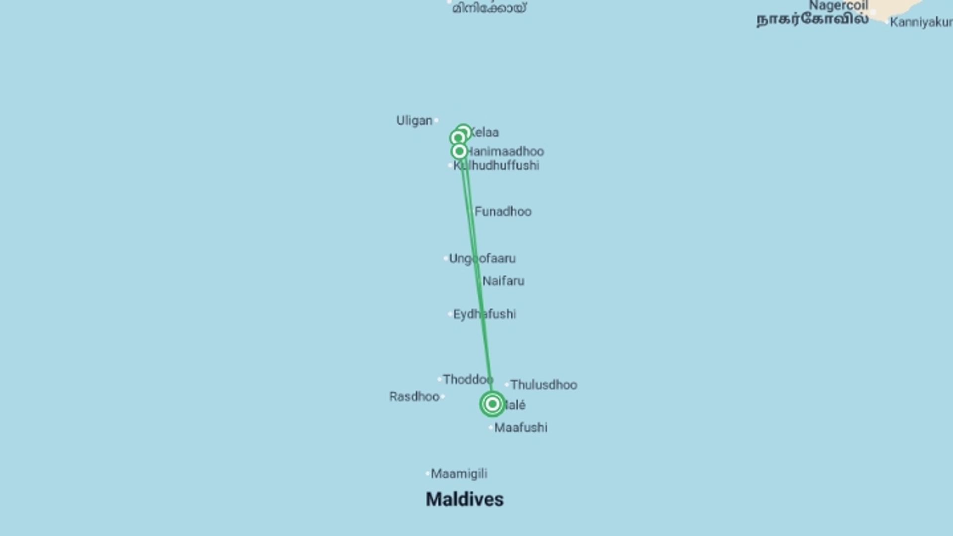 A map showing the tour itinerary for the trip: Northern Maldives Discovery - 8 days, starting in Male, Maldives and ending in Male, Maldives going through 4 other destinations.
