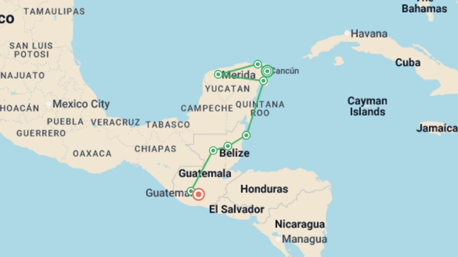 A map showing the tour itinerary for the trip: Mexico, Belize & Guatemala Adventure, starting in Cancún, Mexico and ending in Antigua, Guatemala going through 7 other destinations.