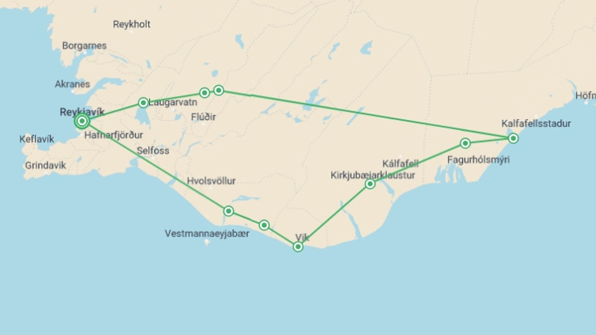 A map showing the tour itinerary for the trip: Iceland Northern Lights, starting in Reykjavik, Iceland and ending in Reykjavik, Iceland going through 3 other destinations.