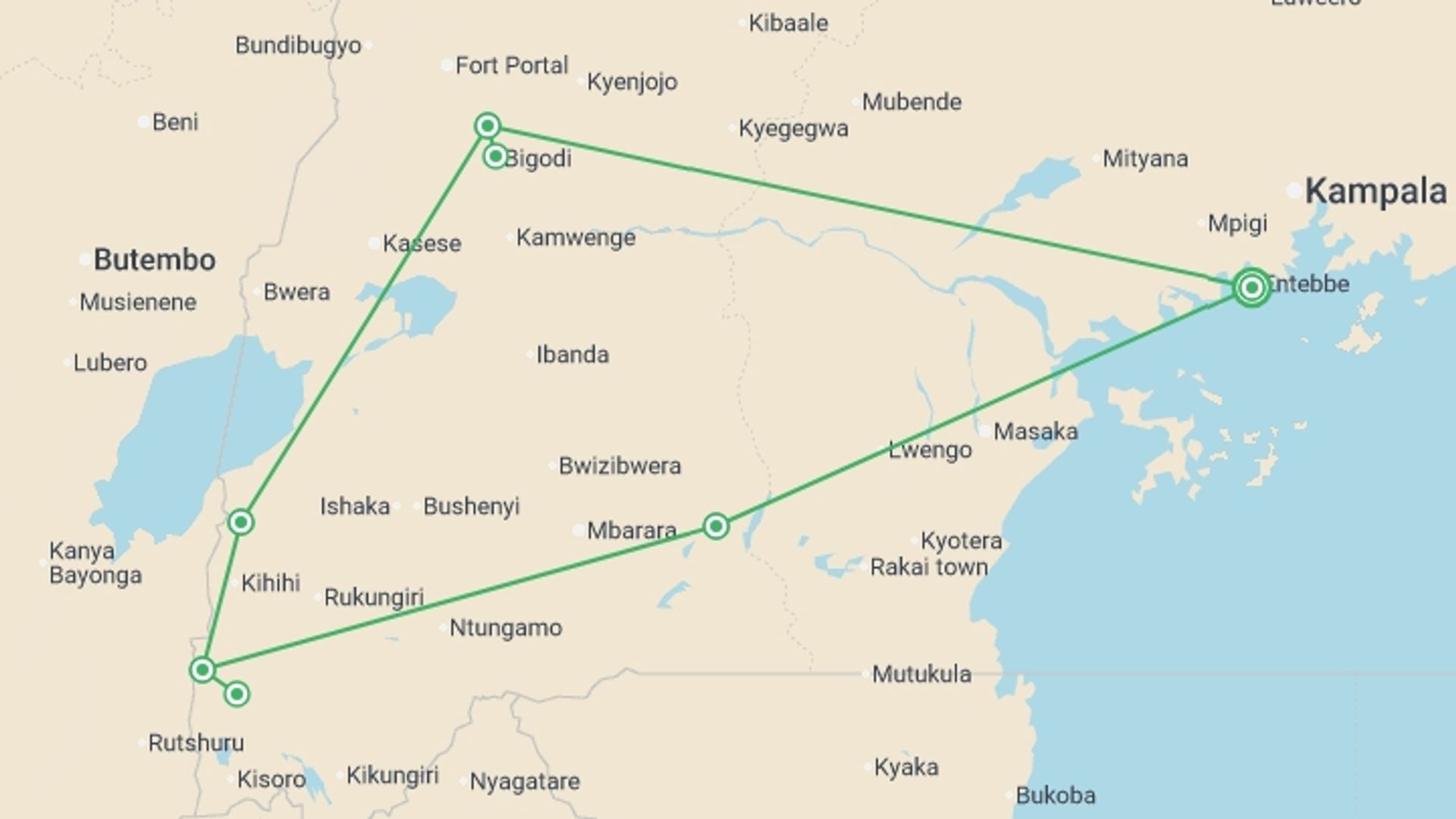 A map showing the tour itinerary for the trip: Chimps & Gorillas of Uganda, starting in Entebbe, Uganda and ending in Entebbe, Uganda going through 5 other destinations.