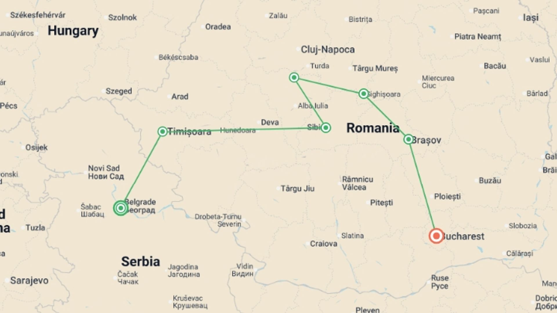 A map showing the tour itinerary for the trip: Premium Belgrade to Bucharest, starting in Belgrade, Serbia and ending in Bucharest, Romania going through 5 other destinations.