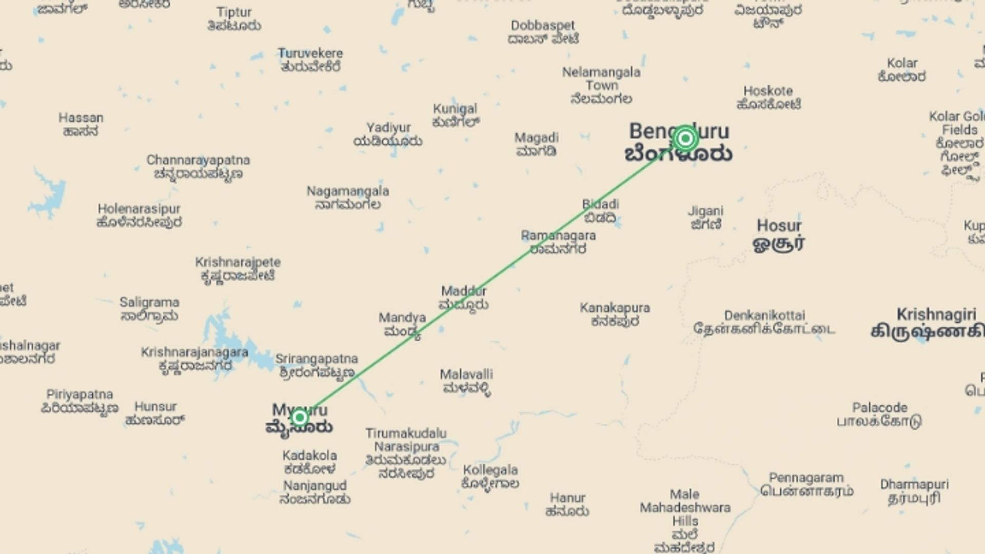 A map showing the tour itinerary for the trip: Bangalore & Mysore - 6 days, starting in Bangalore, India and ending in Bangalore, India going through 1 other destinations.