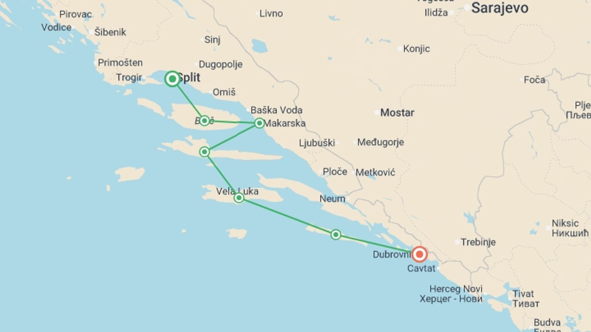 A map showing the tour itinerary for the trip: Sail Split to Dubrovnik / Premier Boat, starting in Split, Croatia and ending in Dubrovnik, Croatia going through 5 other destinations.