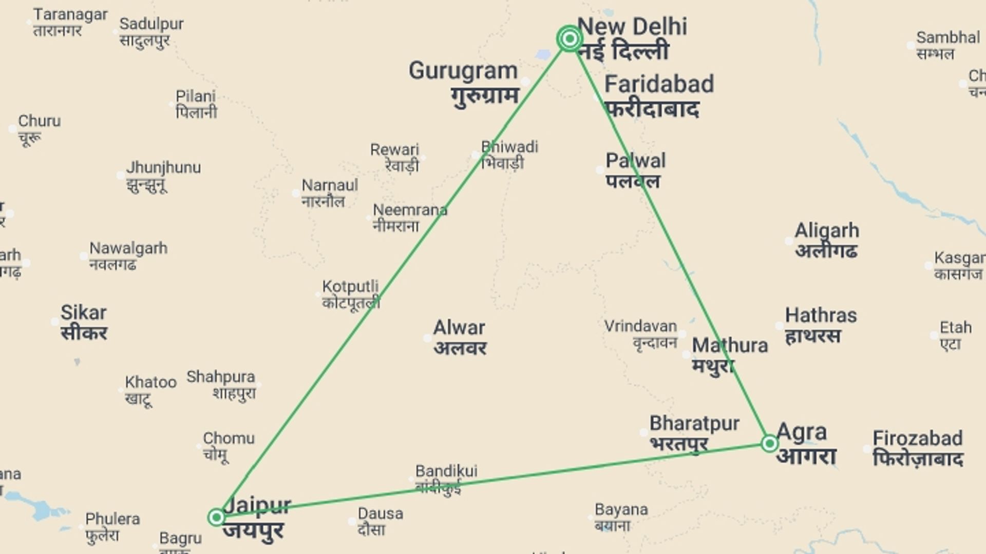 A map showing the tour itinerary for the trip: Golden Triangle & Leopards (4 Star) - 7 days, starting in New Delhi, India and ending in New Delhi, India going through 2 other destinations.
