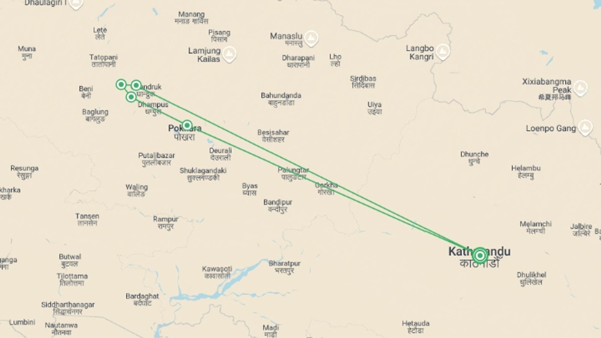 A map showing the tour itinerary for the trip: Ghorepani Poon Hill Sunrise Trekking, starting in Kathmandu, Nepal and ending in Kathmandu, Nepal going through 5 other destinations.