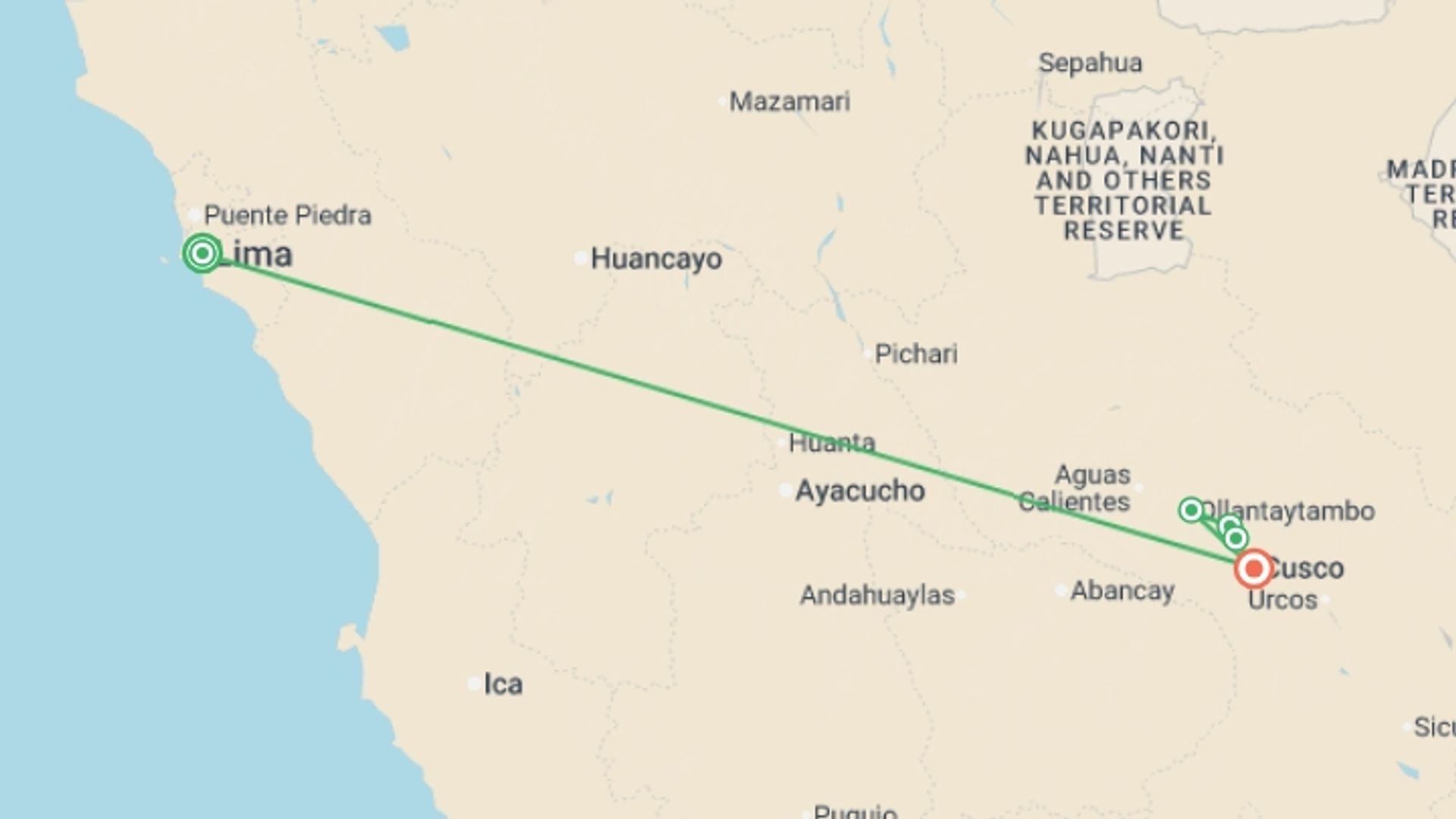 A map showing the tour itinerary for the trip: Essential Peru, starting in Lima, Peru and ending in Cusco, Peru going through 2 other destinations.