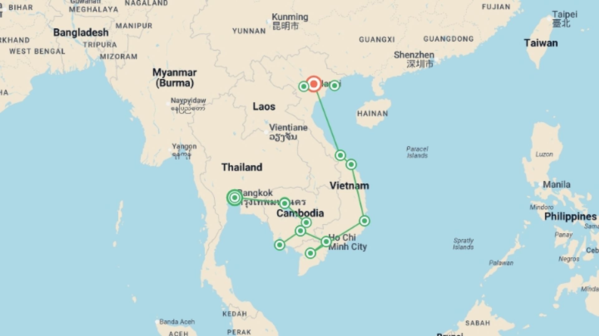 A map showing the tour itinerary for the trip: Cambodia & Vietnam Experience, starting in Bangkok, Thailand and ending in Hanoi, Vietnam going through 12 other destinations.