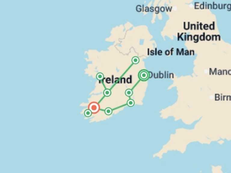 Map itinerary of Europe Tour in March 2027 with 9 destination visits for the trip: Shades of Ireland 