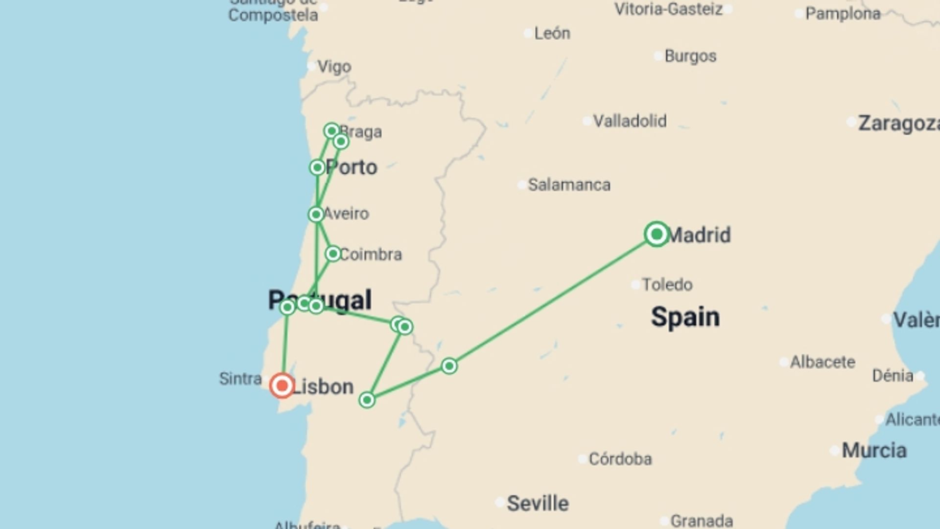 A map showing the tour itinerary for the trip: Northern and Southern Portugal end Lisbon, starting in Madrid, Spain and ending in Lisbon, Portugal going through 4 other destinations.