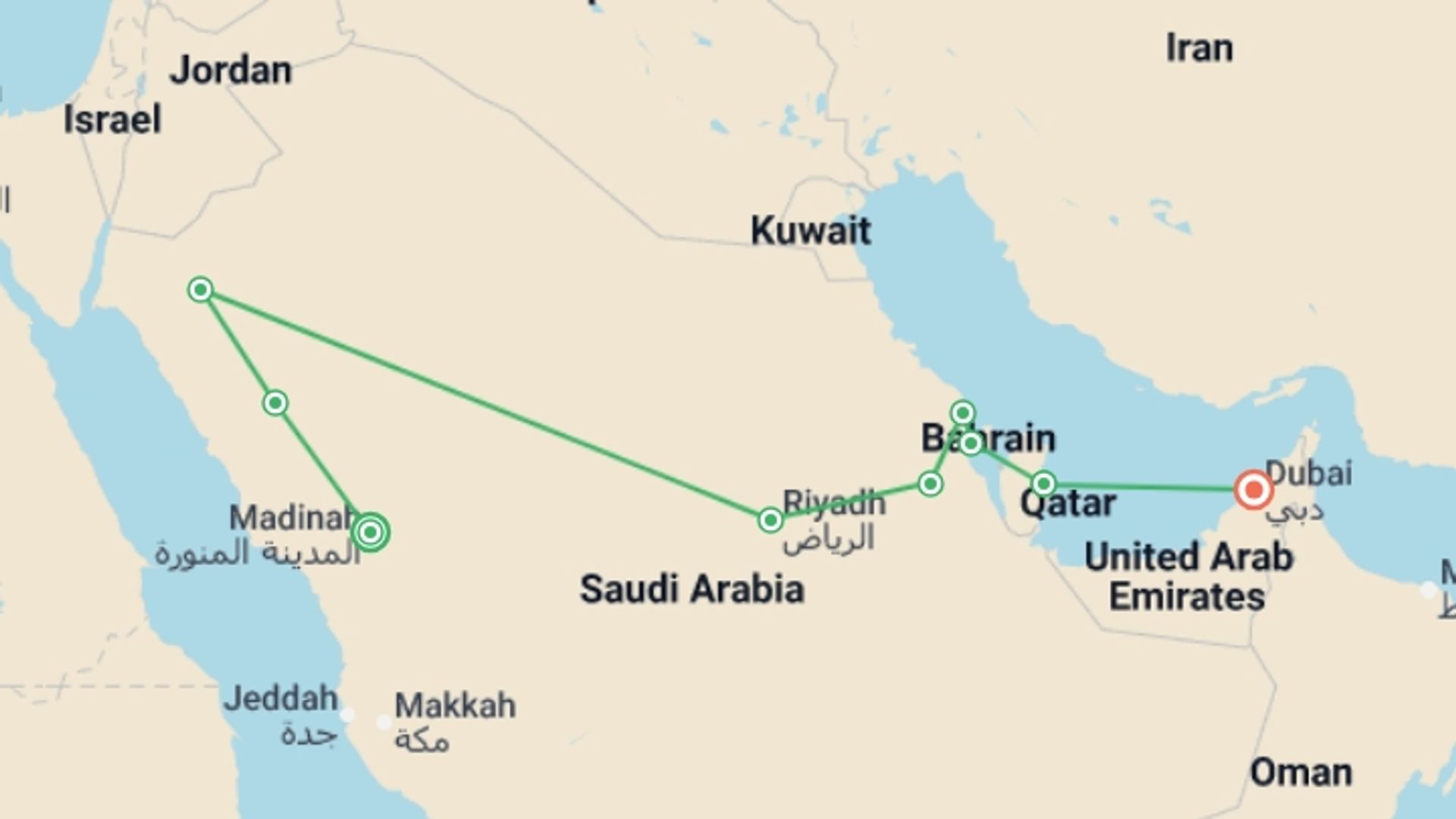 A map showing the tour itinerary for the trip: Classics of Arabia and jewels of the Persian Gulf end Dubai, starting in Medina, Saudi Arabia and ending in Dubai, UAE going through 7 other destinations.