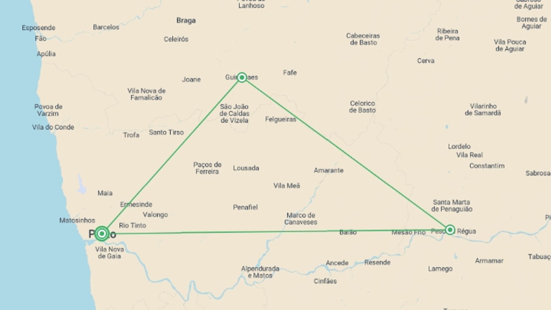 A map showing the tour itinerary for the trip: The Pearls Of The North Of Portugal, Self-drive, starting in Porto, Portugal and ending in Porto, Portugal going through 2 other destinations.