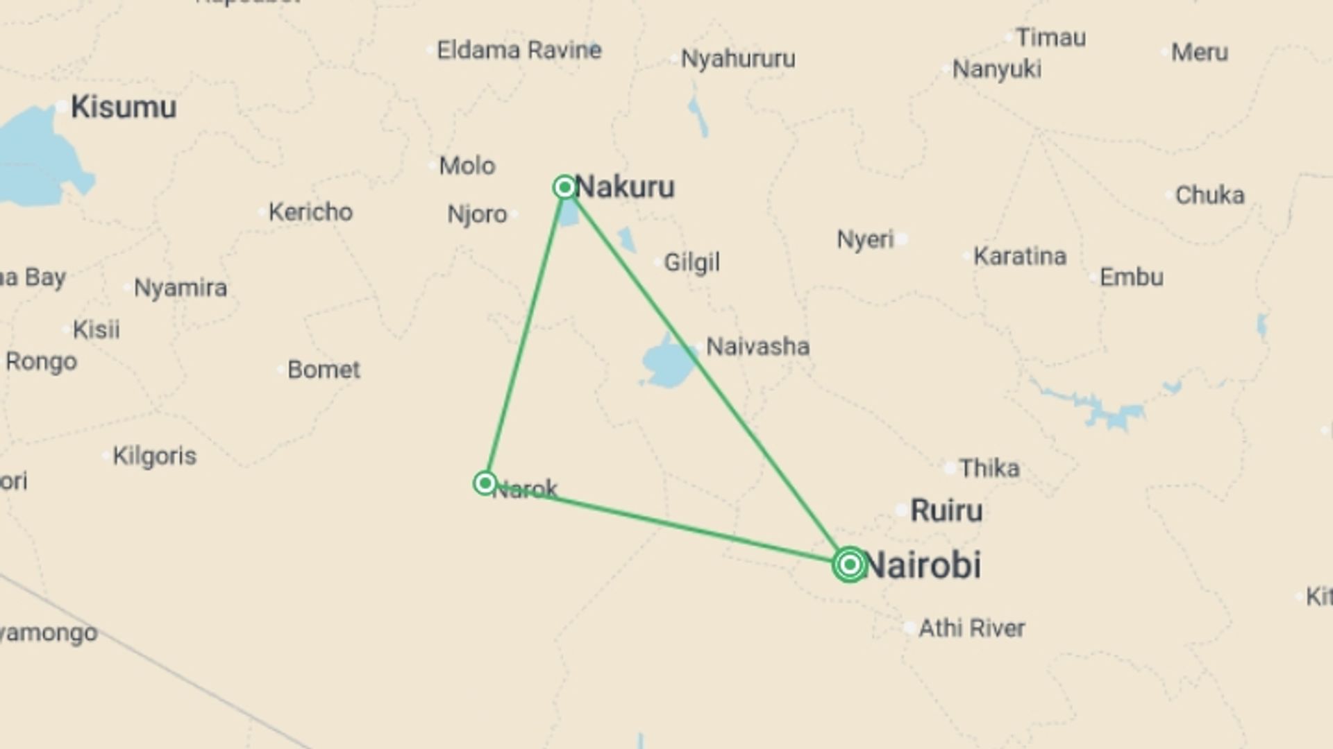 A map showing the tour itinerary for the trip: Unforgettable Kenya: Masai Mara & Lake Nakuru, starting in Nairobi, Kenya and ending in Nairobi, Kenya going through 1 other destinations.