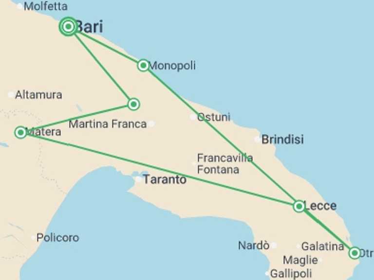 Map itinerary of Italy Tour in June 2026 with 6 destination visits for the trip: Perfect Puglia - 8 days