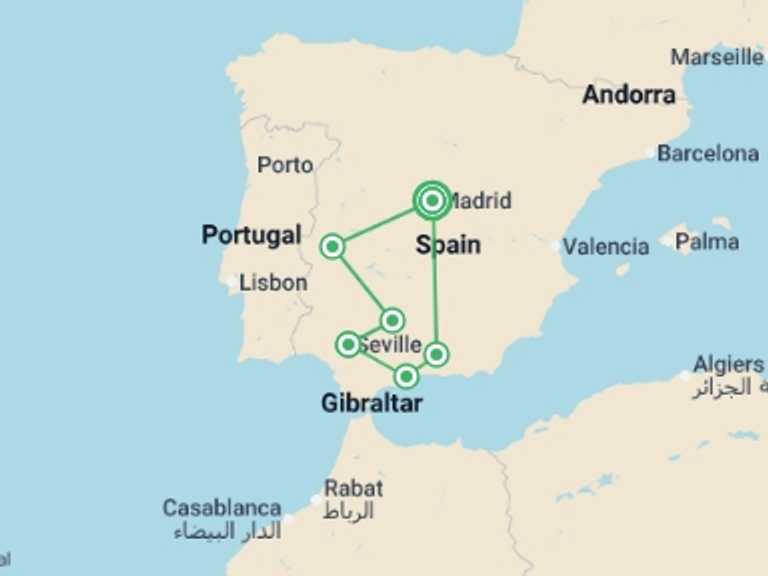 Map of Europe Tour with 5 destination visits for the trip: Madrid & Southern Spain - 9 days