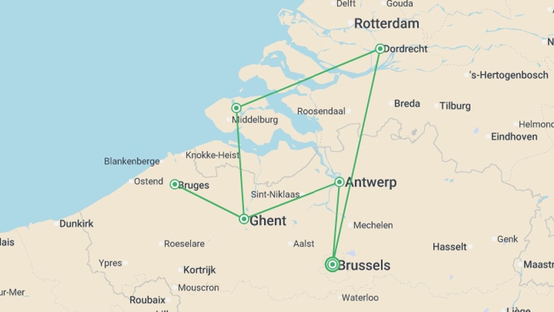 A map showing the tour itinerary for the trip: An Exclusive Cruise to Top Sites in Northern Europe (port-to-port cruise), starting in Brussels, Belgium and ending in Brussels, Belgium going through 4 other destinations.