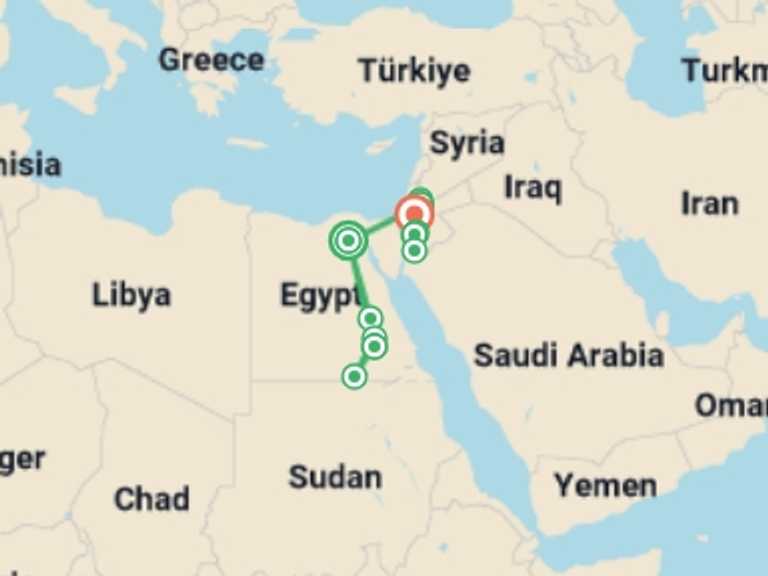 Map itinerary of Mediterranean Tour in Summer with 9 destination visits for the trip: Budget Felucca Explorer & Totally Jordan - 14 days
