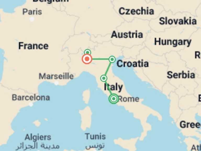 Map itinerary of Milan Tour in May 2026 with 5 destination visits for the trip: Rome Florence Venice Milan and Lake Como by Rail