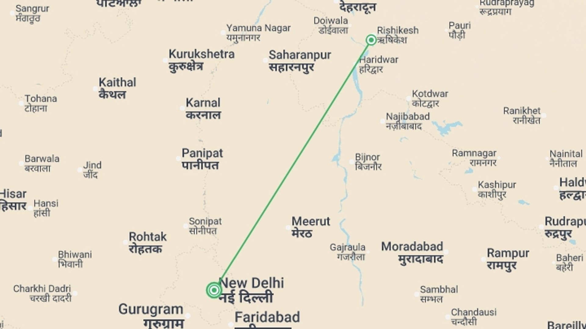 A map showing the tour itinerary for the trip: Rishikesh - 4 days, starting in New Delhi, India and ending in New Delhi, India going through 2 other destinations.