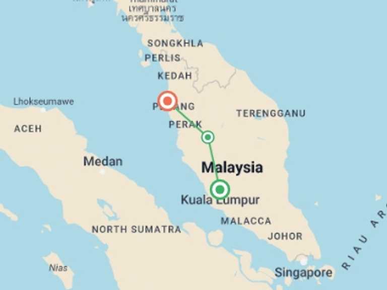 Map of Kuala Lumpur Explorer Tour with 4 destination visits for the trip: Classic tour from Kuala Lumpur to Penang