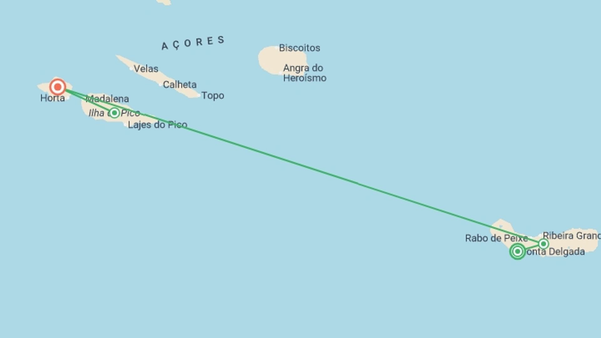 A map showing the tour itinerary for the trip: Highlights of the Azores, starting in Ponta delgada, Portugal and ending in Faial Island, Portugal going through 1 other destinations.