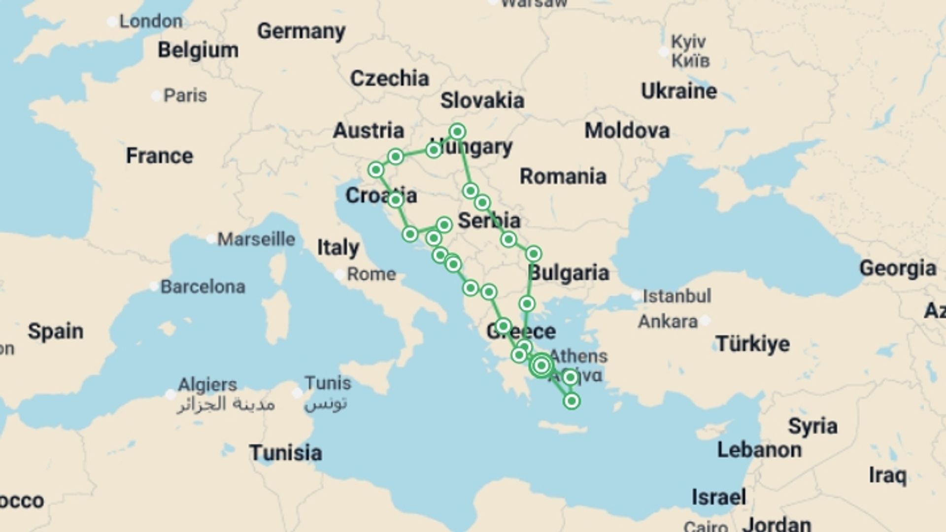 A map showing the tour itinerary for the trip: Best of the Balkans & Greek Islands, starting in Athens, Greece and ending in Athens, Greece going through 13 other destinations.