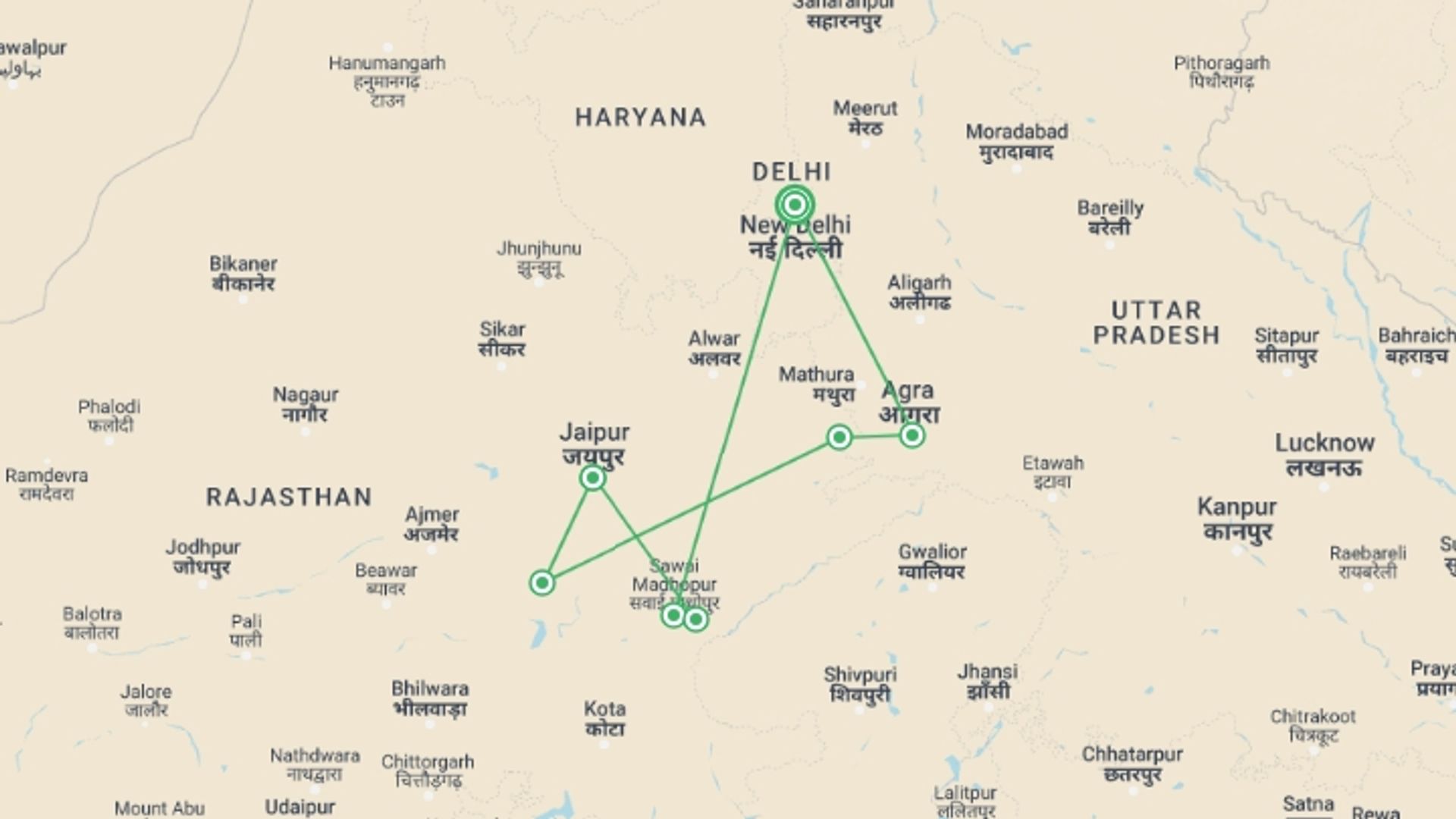 A map showing the tour itinerary for the trip: Temples & Tigers, starting in New Delhi, India and ending in New Delhi, India going through 6 other destinations.