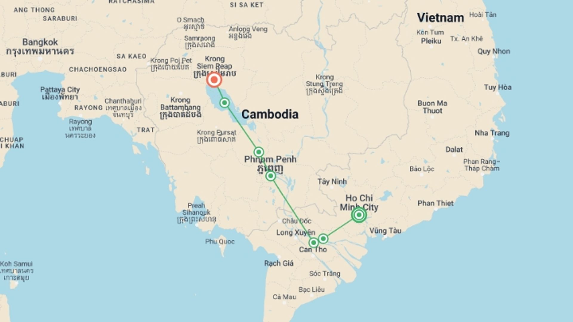A map showing the tour itinerary for the trip: From the Mekong Delta to the Angkor Temples (port-to-port cruise), starting in Ho Chi Minh City, Vietnam and ending in Siem Reap, Cambodia going through 5 other destinations.