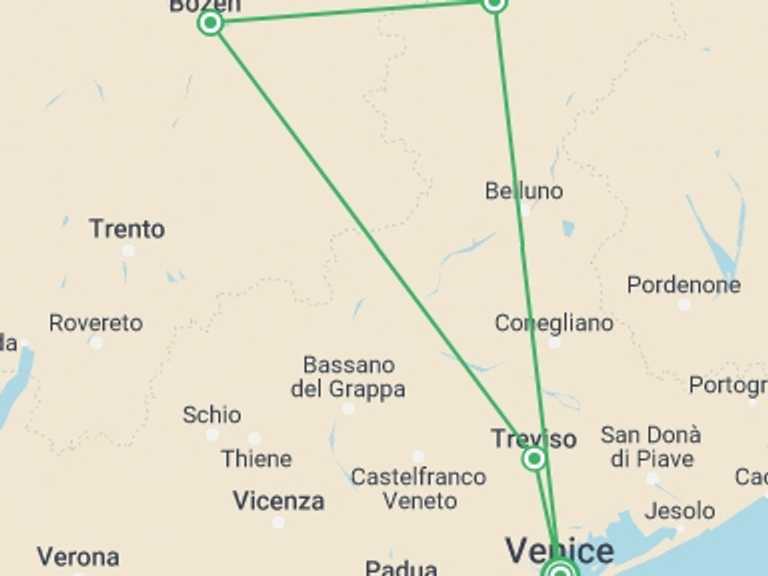 Map of Italy Active and outdoor Tour with 4 destination visits for the trip: The Dolomites And Prosecco, Self-drive