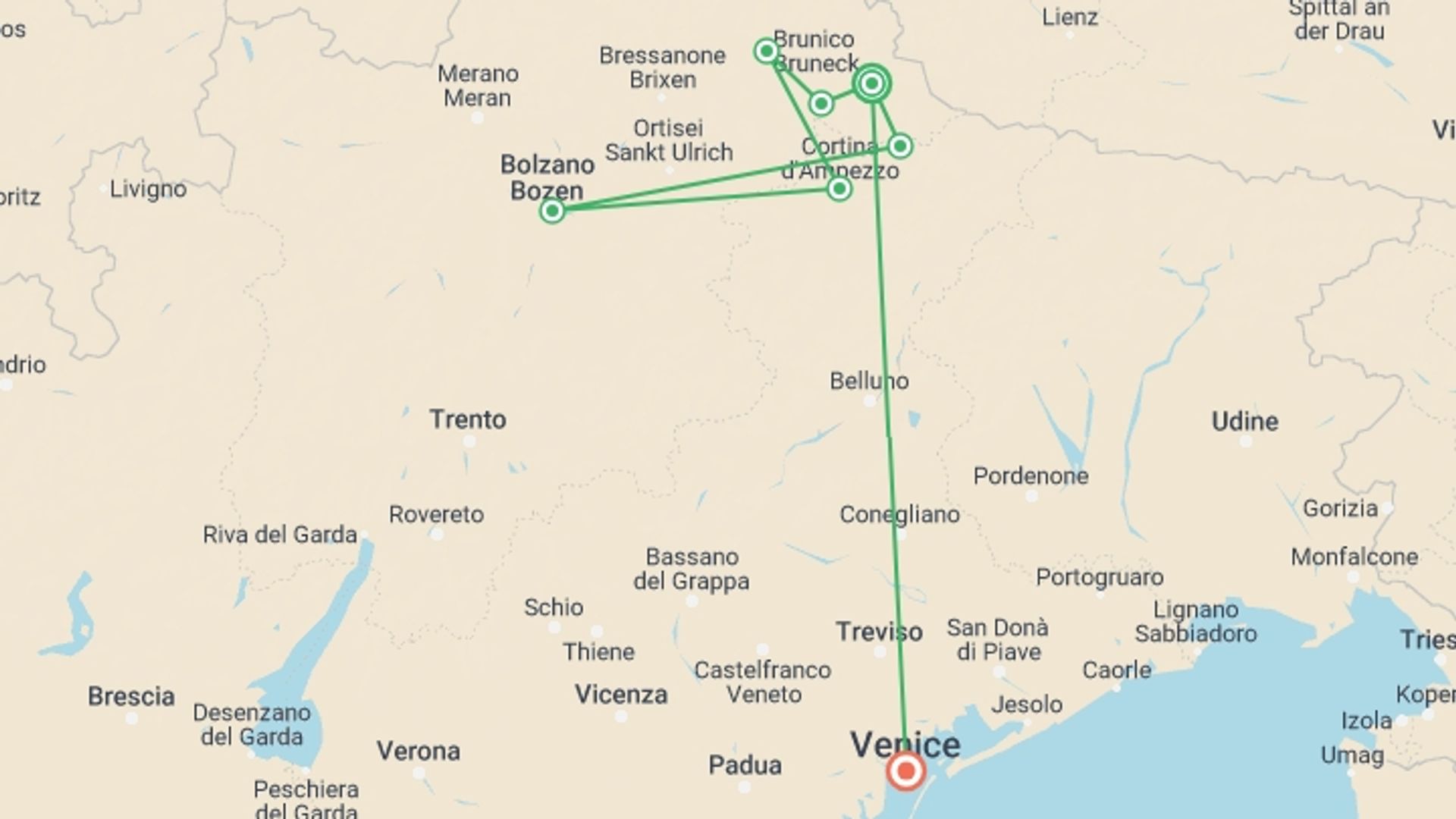 A map showing the tour itinerary for the trip: Hiking in the Dolomites, starting in Dobbiaco, Italy and ending in Venice, Italy going through 5 other destinations.