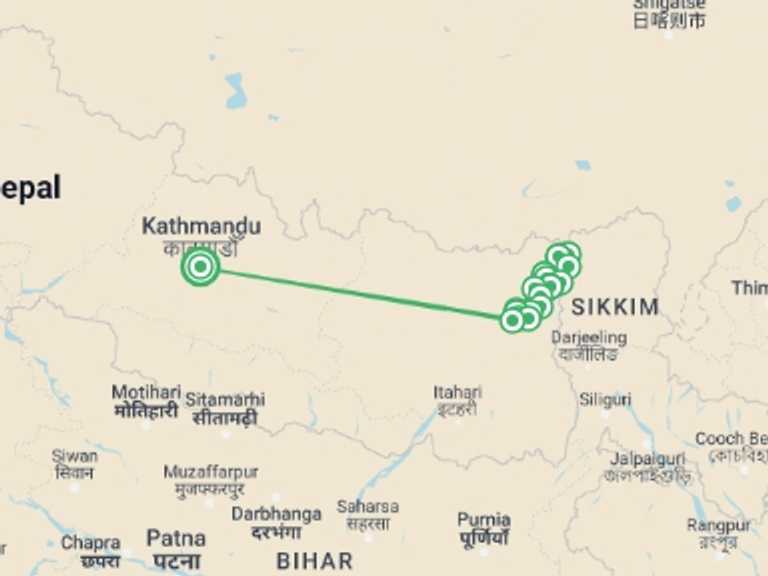 Map itinerary of Kathmandu Tour in Fall with 17 destination visits for the trip: Kanchenjunga Base Camp Trek