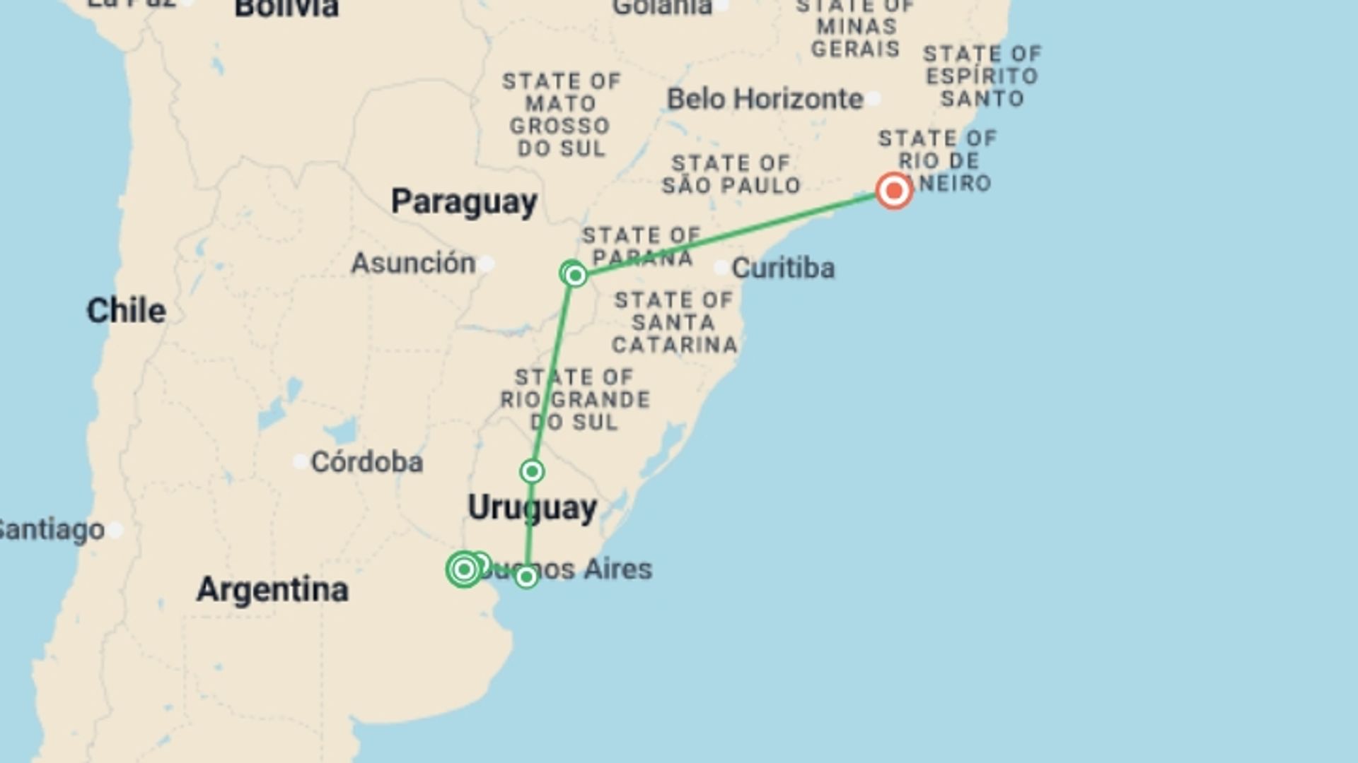 A map showing the tour itinerary for the trip: Best of Argentina, Uruguay & Brazil, starting in Buenos Aires, Argentina and ending in Rio de Janeiro, Brazil going through 4 other destinations.