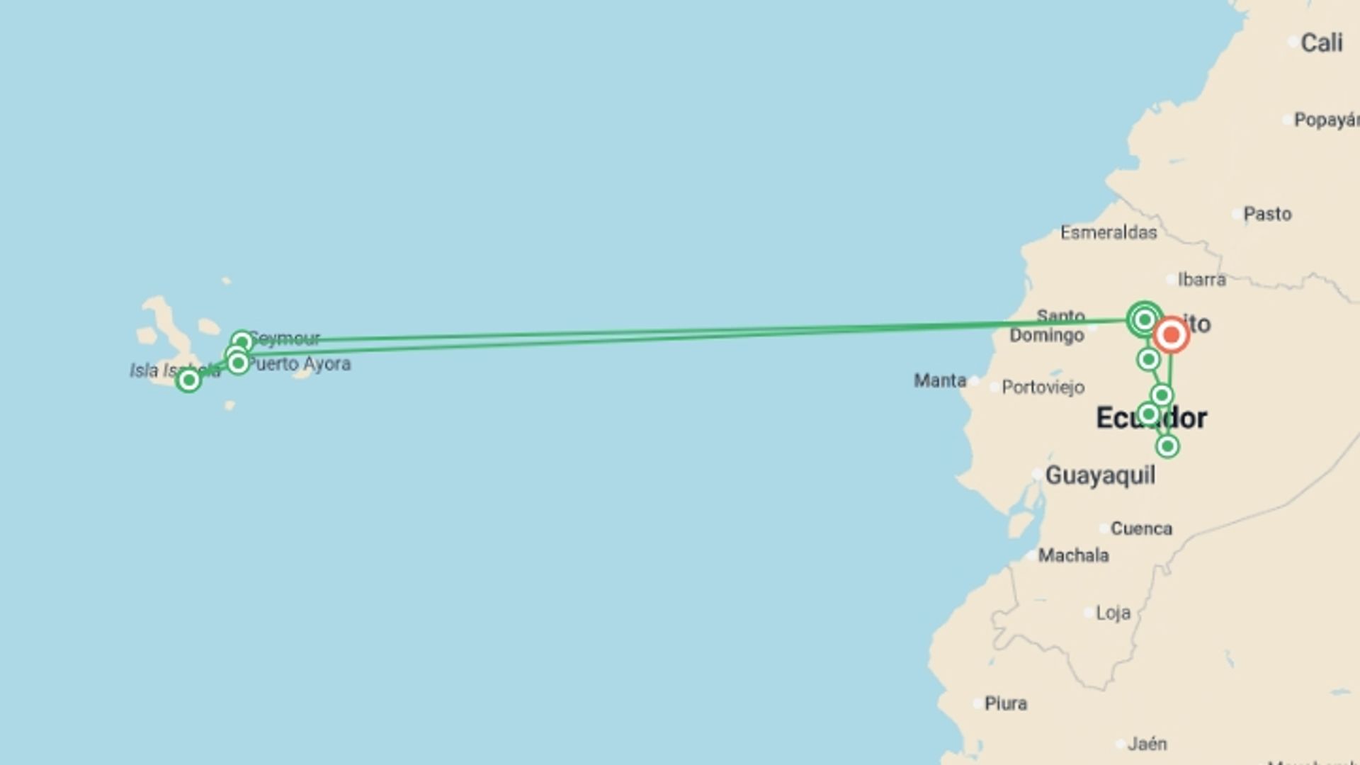 A map showing the tour itinerary for the trip: Ecuador & Galapagos Family Adventure (Private) - 12 days, starting in Quito, Ecuador and ending in Papallacta, Ecuador going through 4 other destinations.