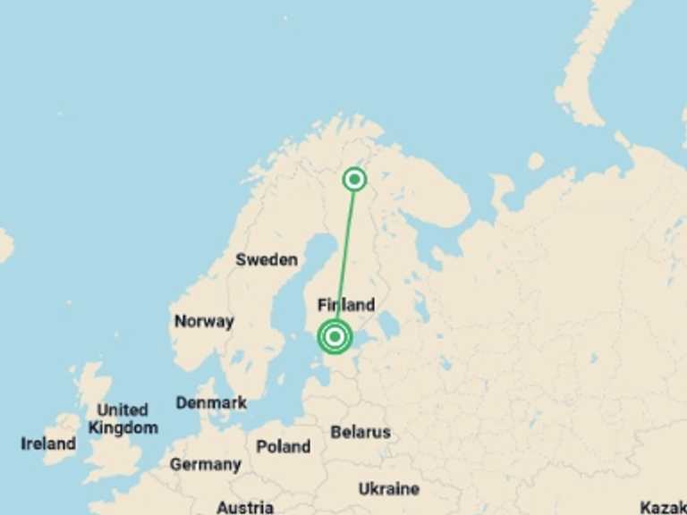 Map itinerary of Europe Tour in Fall with 2 destination visits for the trip: The Northern Lights of Finland 