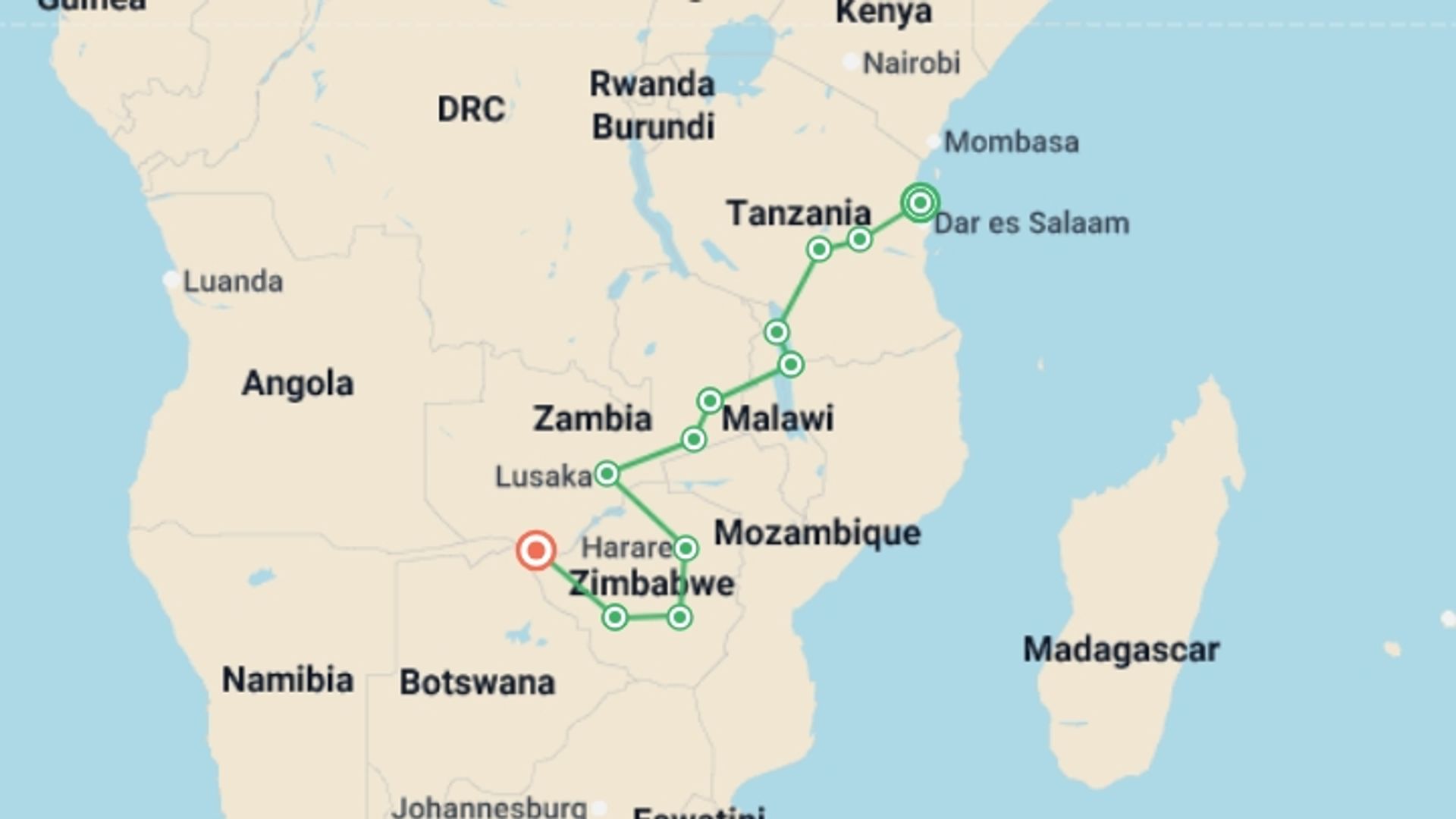 A map showing the tour itinerary for the trip: Zanzibar to Vic Falls, starting in Zanzibar, Tanzania and ending in Victoria Falls, Zimbabwe going through 11 other destinations.
